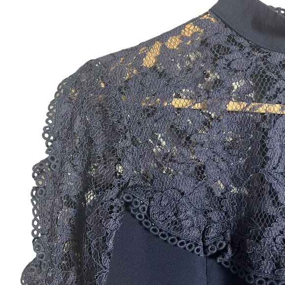 Nicholas Navy Blue Ruffle Trim Lace Long Sleeve Mini Dress Size 2 - Picture 6 of 14